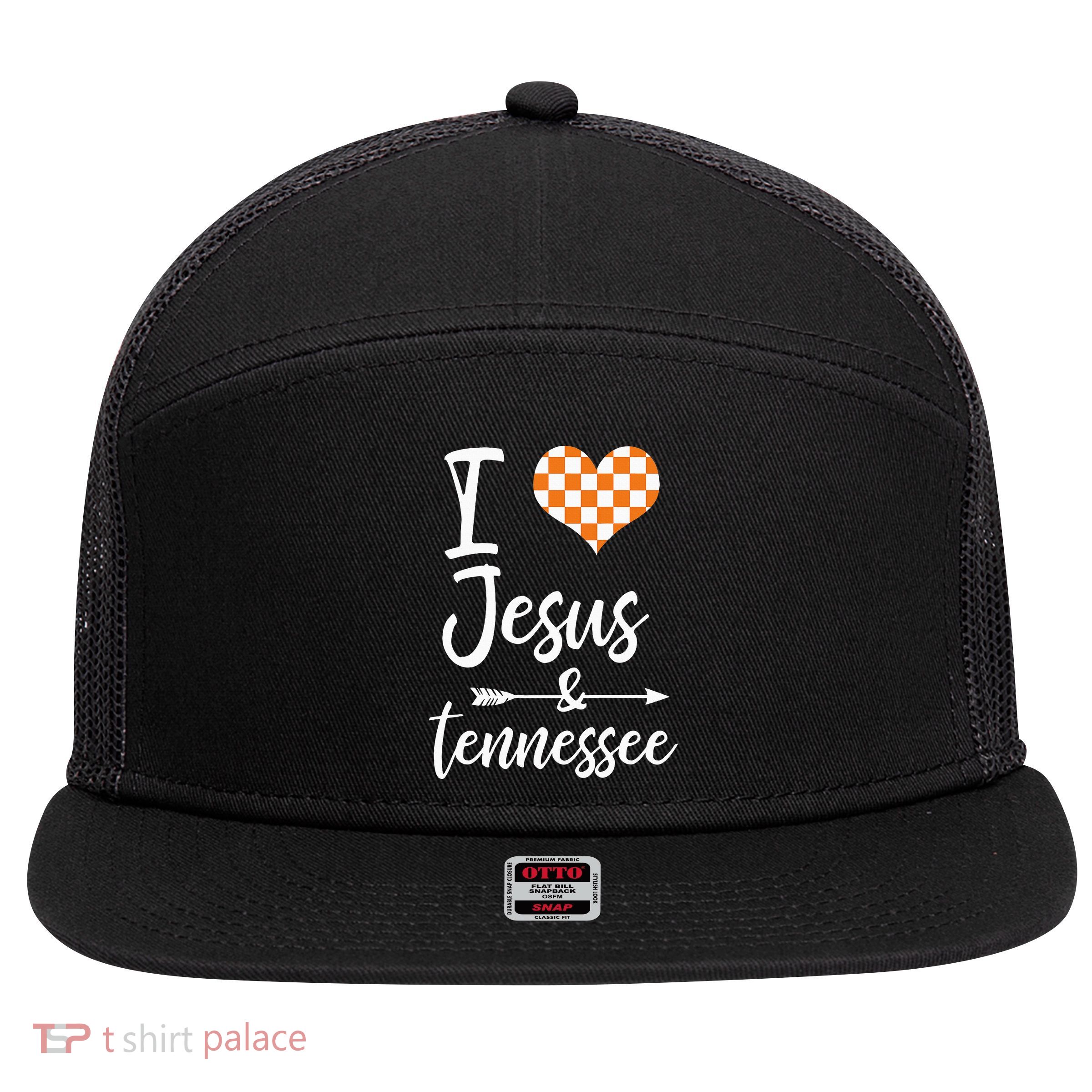 I Love Jesus And Tennessee Orange Heart Cute Fan 7 Panel Mesh Trucker Snapback Hat