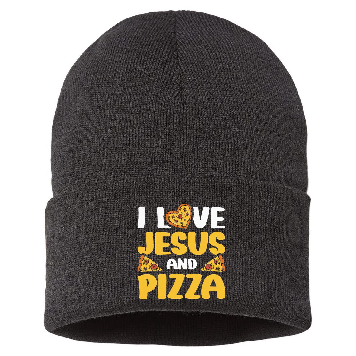 I Love Jesus And Pizza Sustainable Knit Beanie
