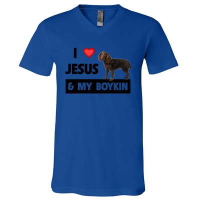 I Love Jesus And My Kin Spaniel Duck Hunting Dog Mom Dad Gift V-Neck T-Shirt