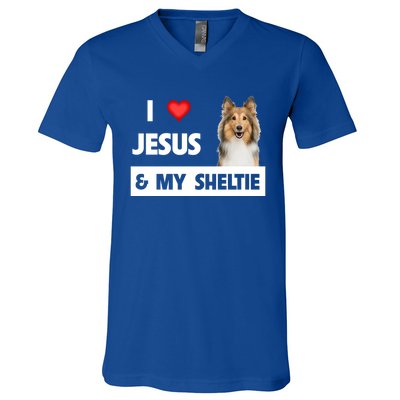 I Love Jesus And My Sheltie Dog Mom Dad Shetland Sheepdog Gift V-Neck T-Shirt