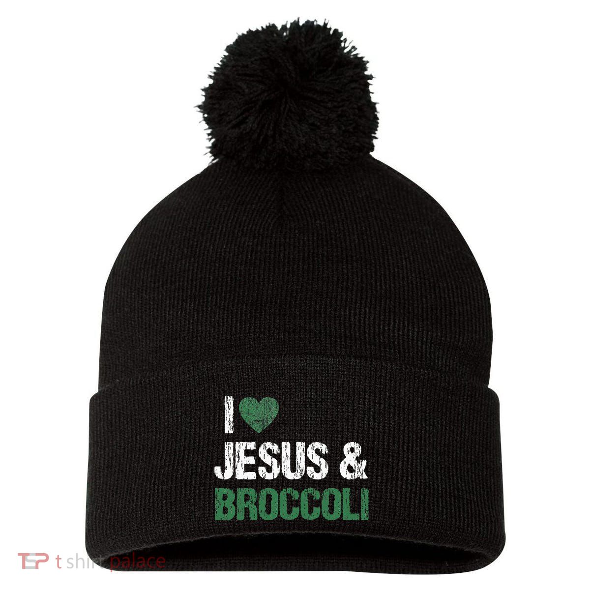 I Love Jesus And Broccoli Lover Funny Vegetable Veggies Food Pom Pom 12in Knit Beanie