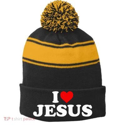 I Love Jesus - Heart  Stripe Pom Pom Beanie