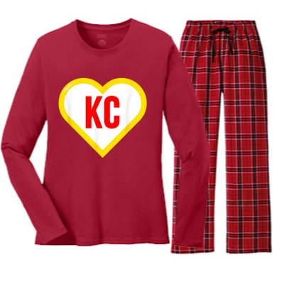 I Love Kansas City KC Football Heart KC Kansas City Women's Long Sleeve Flannel Pajama Set 