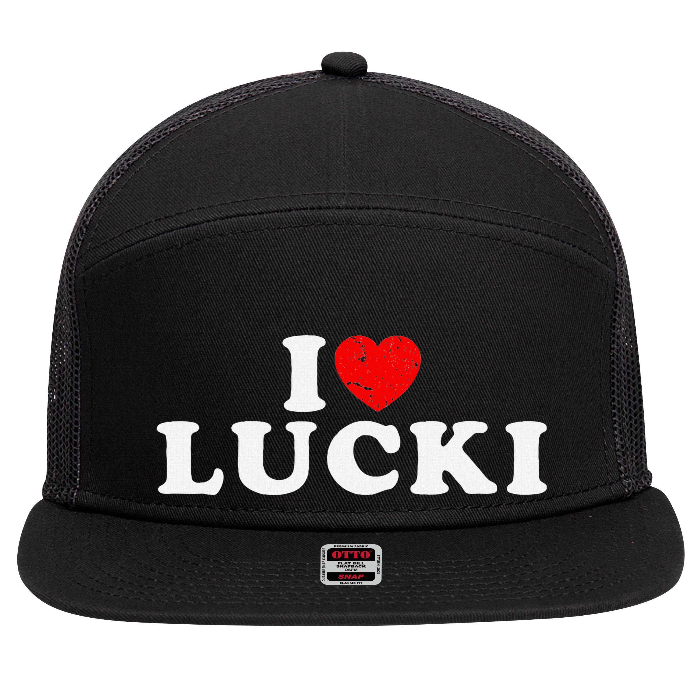 I Love Lucki I Heart Lucki Red Heart 7 Panel Mesh Trucker Snapback Hat