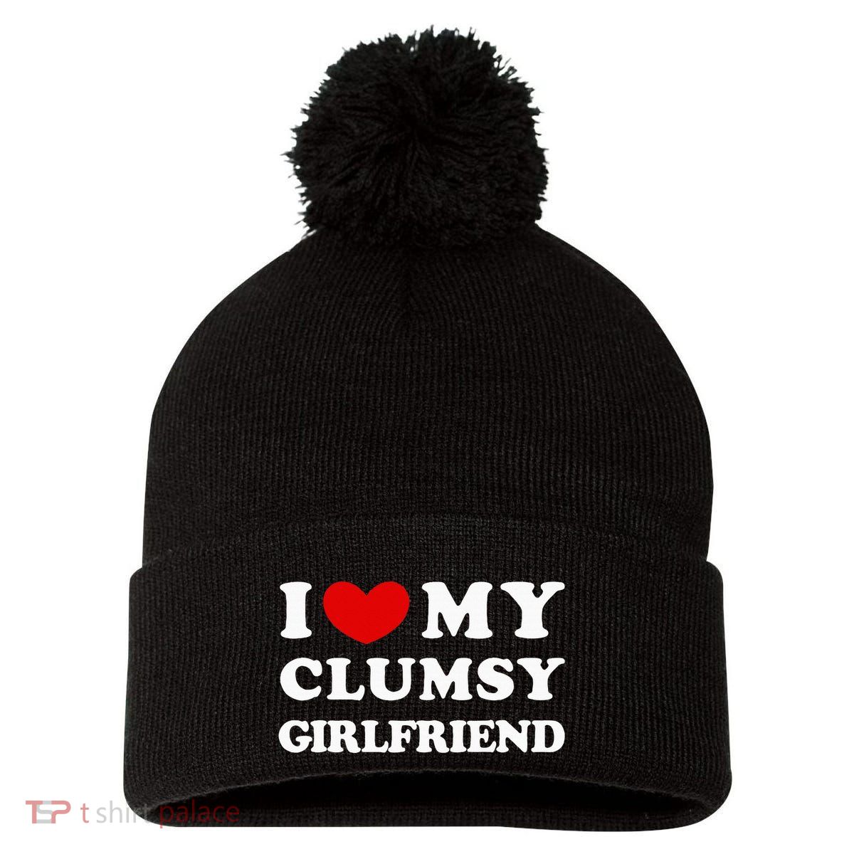 I Love My Clumsy Girlfriend I Heart My Clumsy Girlfriend Pom Pom 12in Knit Beanie