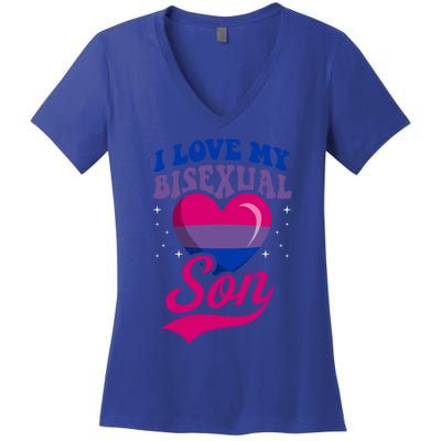 I Love My Bisexual Son Bisexual Pride Flag Rainbow Mom Dad Cute Gift Women's V-Neck T-Shirt