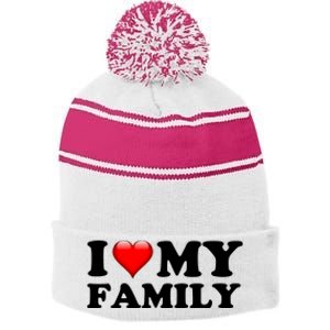 I Love My Family Stripe Pom Pom Beanie