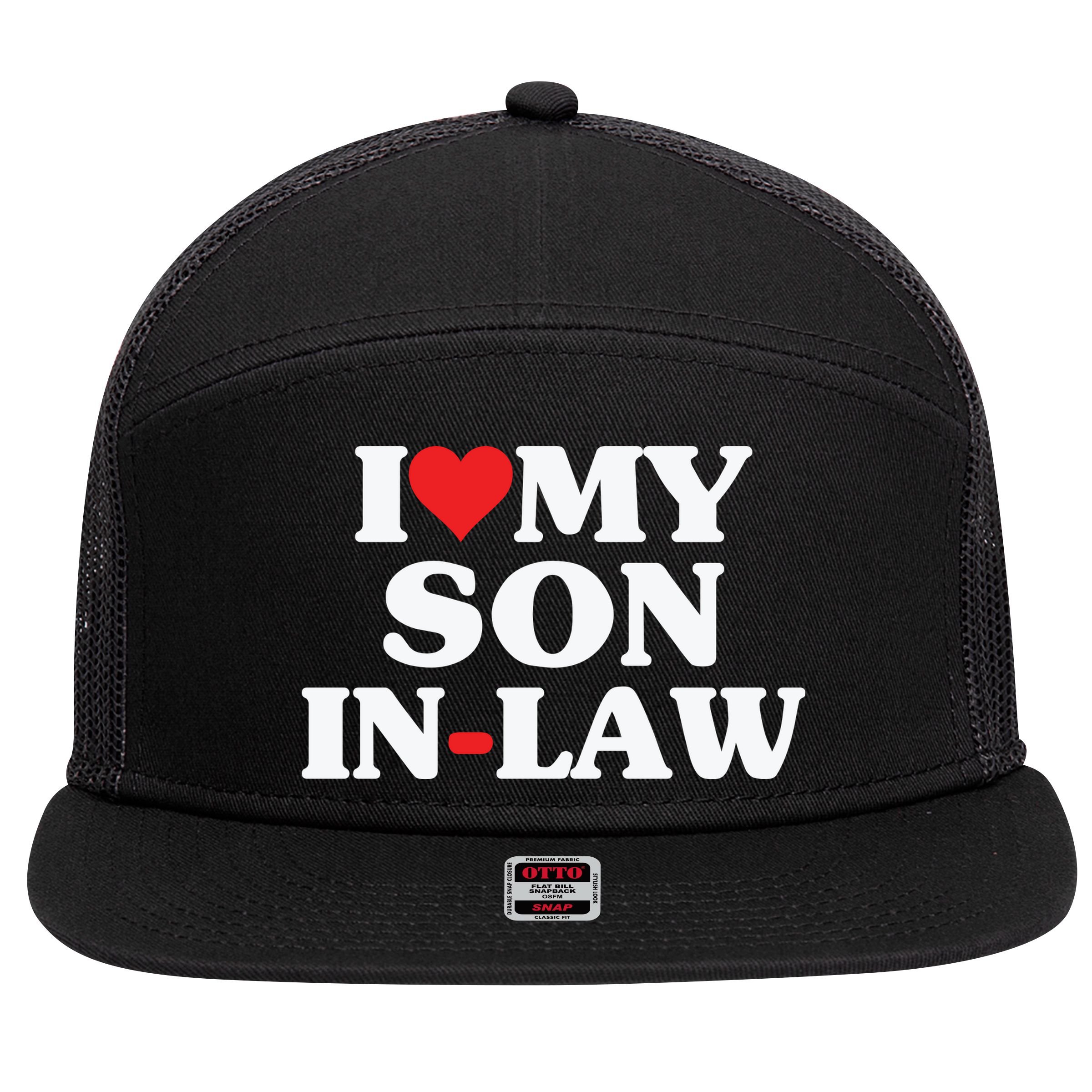I Love My Son In Law Heart Funny 7 Panel Mesh Trucker Snapback Hat