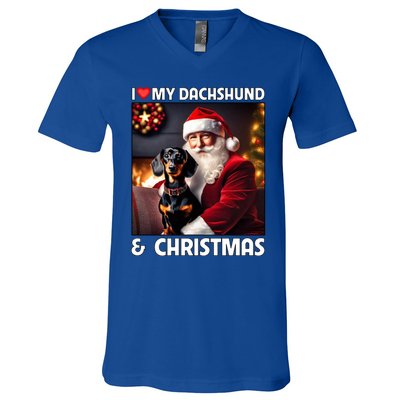 I Love My Dachshund And Christmas Lights Santa Clause Dog Meaningful Gift V-Neck T-Shirt