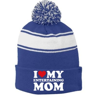 I Love My Mom Heart MotherS Day I Love My Entertaining Mom Gift Stripe Pom Pom Beanie