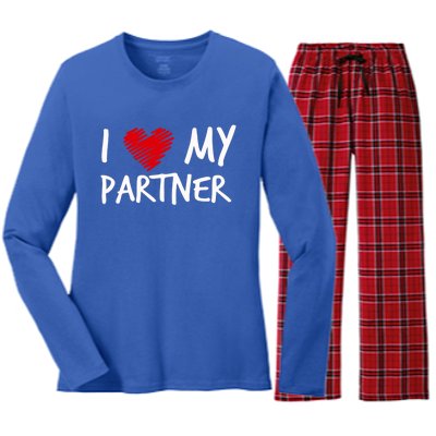 I Love My Partner Valentines Outfit Matching Wife Family Cute Gift Women's Long Sleeve Flannel Pajama Set 