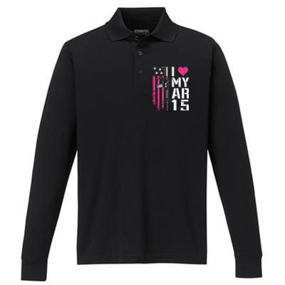 I Love My Ar15 Gift Pink Argift15 Rifle Owner Usa Flag Gift Performance Long Sleeve Polo