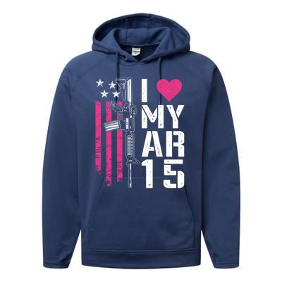 I Love My Ar15 Gift Pink Argift15 Rifle Owner Usa Flag Gift Performance Fleece Hoodie