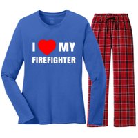 I Love My Firefighter I Red Heart My Fire Fire Quote Gift Women's Long Sleeve Flannel Pajama Set 