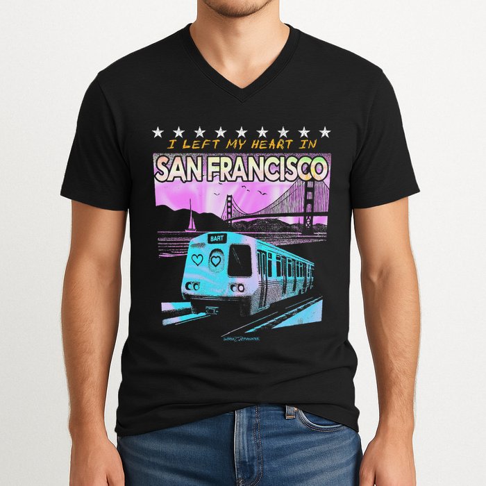 I Left My Heart In San Francisco Train & Bridge V-Neck T-Shirt
