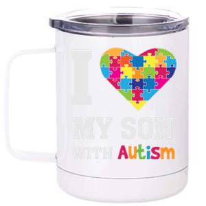 I Love My Son With Autism Gift Puzzle Gift Proud Mom Dad Awareness Gift 12 oz Stainless Steel Tumbler Cup