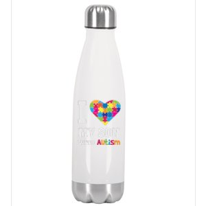 I Love My Son With Autism Gift Puzzle Gift Proud Mom Dad Awareness Gift Stainless Steel Insulated Water Bottle