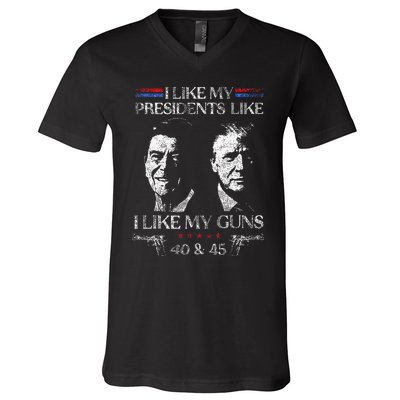 I Like My Presidents Like I Like My Guns Trump Gun 2024 V-Neck T-Shirt