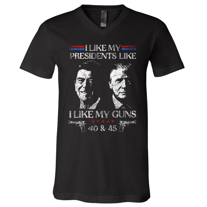 I Like My Presidents Like I Like My Guns Trump Gun 2024 V-Neck T-Shirt