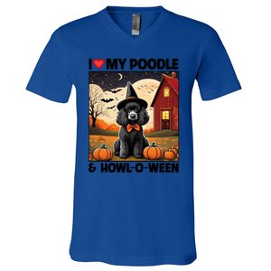 I Love My Poodle And Howloween Halloween Pumpkin Dog Mom Dad Gift V-Neck T-Shirt