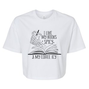 I Like My Books Spicy and My Coffee Icy Skeleton Hand Book Bella+Canvas Jersey Crop Tee