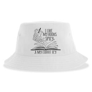 I Like My Books Spicy and My Coffee Icy Skeleton Hand Book Sustainable Bucket Hat