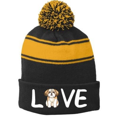 I Love My Shih Tzu Dog Shih Tzu Heart Shih Tzu Love Stripe Pom Pom Beanie