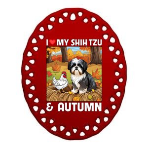 I Love My Shih Tzu And Autumn Fall Leaves Pumpkin Dog Lovers Cute Gift Ceramic Oval Ornament