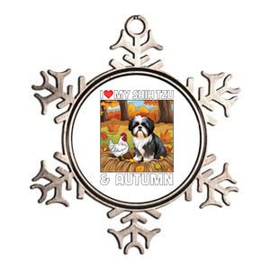 I Love My Shih Tzu And Autumn Fall Leaves Pumpkin Dog Lovers Cute Gift Metallic Star Ornament