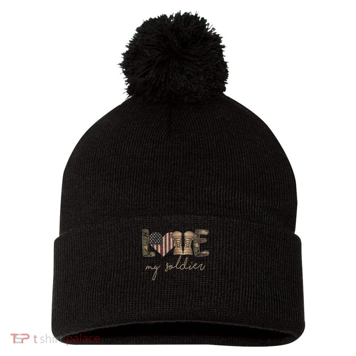 I Love My Soldier Military Army Wife Usa Camour Flag Pom Pom 12in Knit Beanie