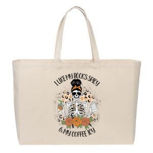 I Like My Books Spicy And My Coffee Icy  Skeleton Cotton Canvas Jumbo Tote