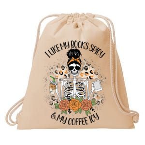 I Like My Books Spicy And My Coffee Icy  Skeleton Drawstring Bag