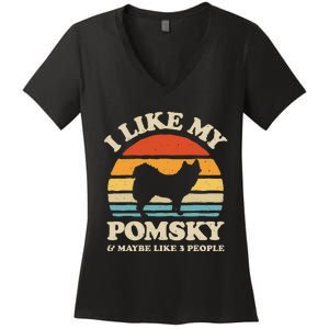 I Like My Pomsky And Maybe Like 3 People Dog Lover Retro Women's V-Neck T-Shirt