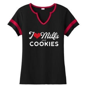 I Love Milfs And Cookies Gift Funny Cougar Lover Joke Gift Ladies Halftime Notch Neck Tee