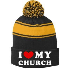 I Love My Church Stripe Pom Pom Beanie