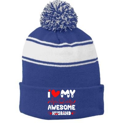 I Love My Awesome Husband Valentine's Day Matching Couple Gift Stripe Pom Pom Beanie