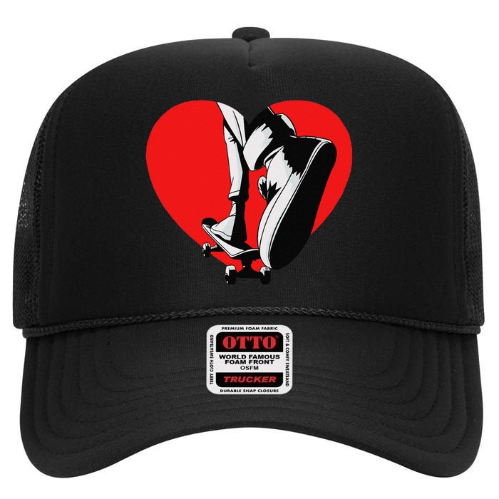 I Love My Skateboard Skateboarding Lover Valentines Day High Crown Mesh Back Trucker Hat