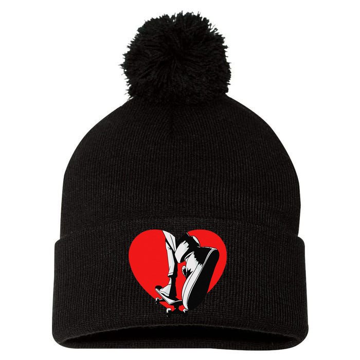 I Love My Skateboard Skateboarding Lover Valentines Day Pom Pom 12in Knit Beanie