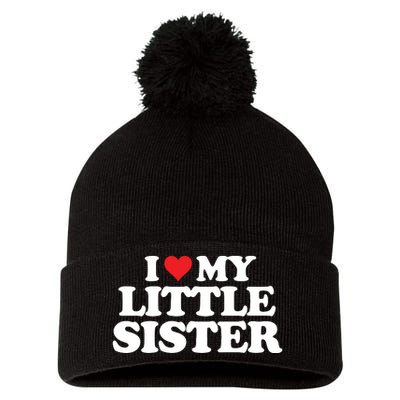 I Love My Little Sister Heart Funny Fun Gift Pom Pom 12in Knit Beanie