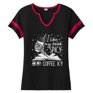 I Like My Books Spicy And My Coffee Icy Skeleton Book Lovers Ladies Halftime Notch Neck Tee