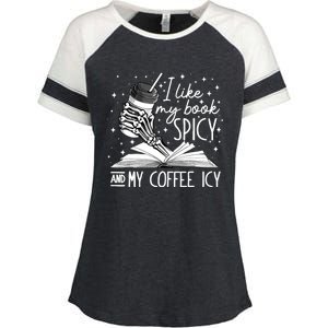 I Like My Books Spicy And My Coffee Icy Skeleton Book Lovers Enza Ladies Jersey Colorblock Tee