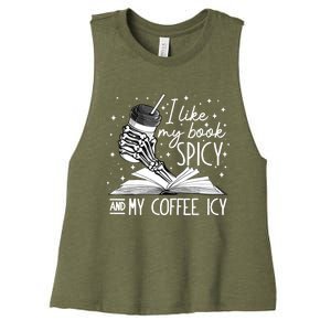 I Like My Books Spicy And My Coffee Icy Skeleton Book Lovers Women's Racerback Cropped Tank