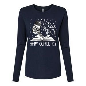 I Like My Books Spicy And My Coffee Icy Skeleton Book Lovers Womens Cotton Relaxed Long Sleeve T-Shirt