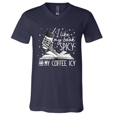 I Like My Books Spicy And My Coffee Icy Skeleton Book Lovers V-Neck T-Shirt