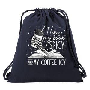 I Like My Books Spicy And My Coffee Icy Skeleton Book Lovers Drawstring Bag