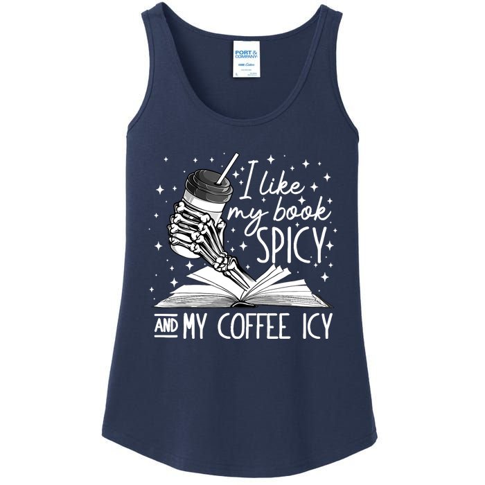 I Like My Books Spicy And My Coffee Icy Skeleton Book Lovers Ladies Essential Tank