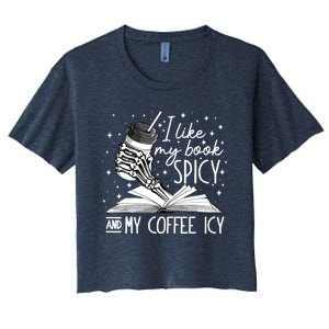 I Like My Books Spicy And My Coffee Icy Skeleton Book Lovers Women's Crop Top Tee