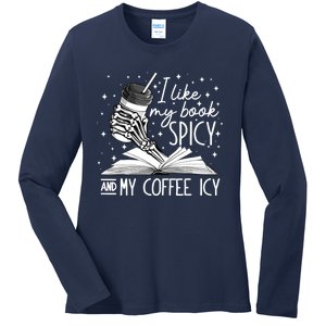 I Like My Books Spicy And My Coffee Icy Skeleton Book Lovers Ladies Long Sleeve Shirt