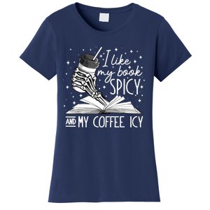 I Like My Books Spicy And My Coffee Icy Skeleton Book Lovers Women's T-Shirt