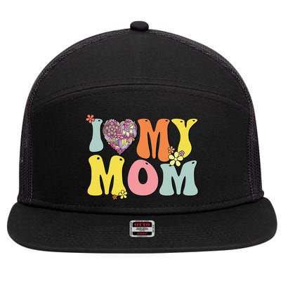 I Love My Mom I Heart My Mom Retro Groovy Mother's day 7 Panel Mesh Trucker Snapback Hat